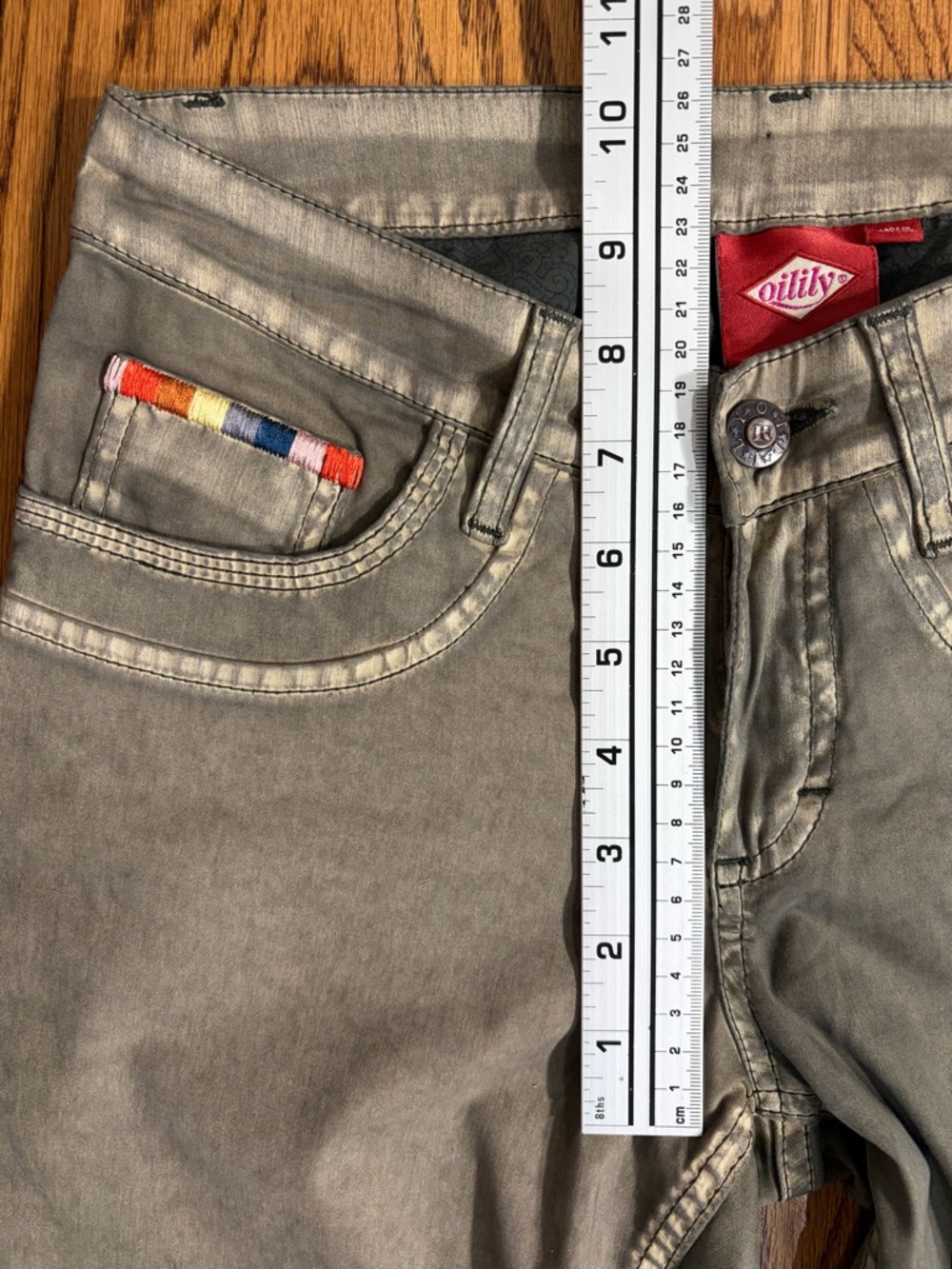 Oilily Grayish Green Boot Cut Pants with Embroidered Rainbow Contrast Trim sz 2 - Picture 7 of 11